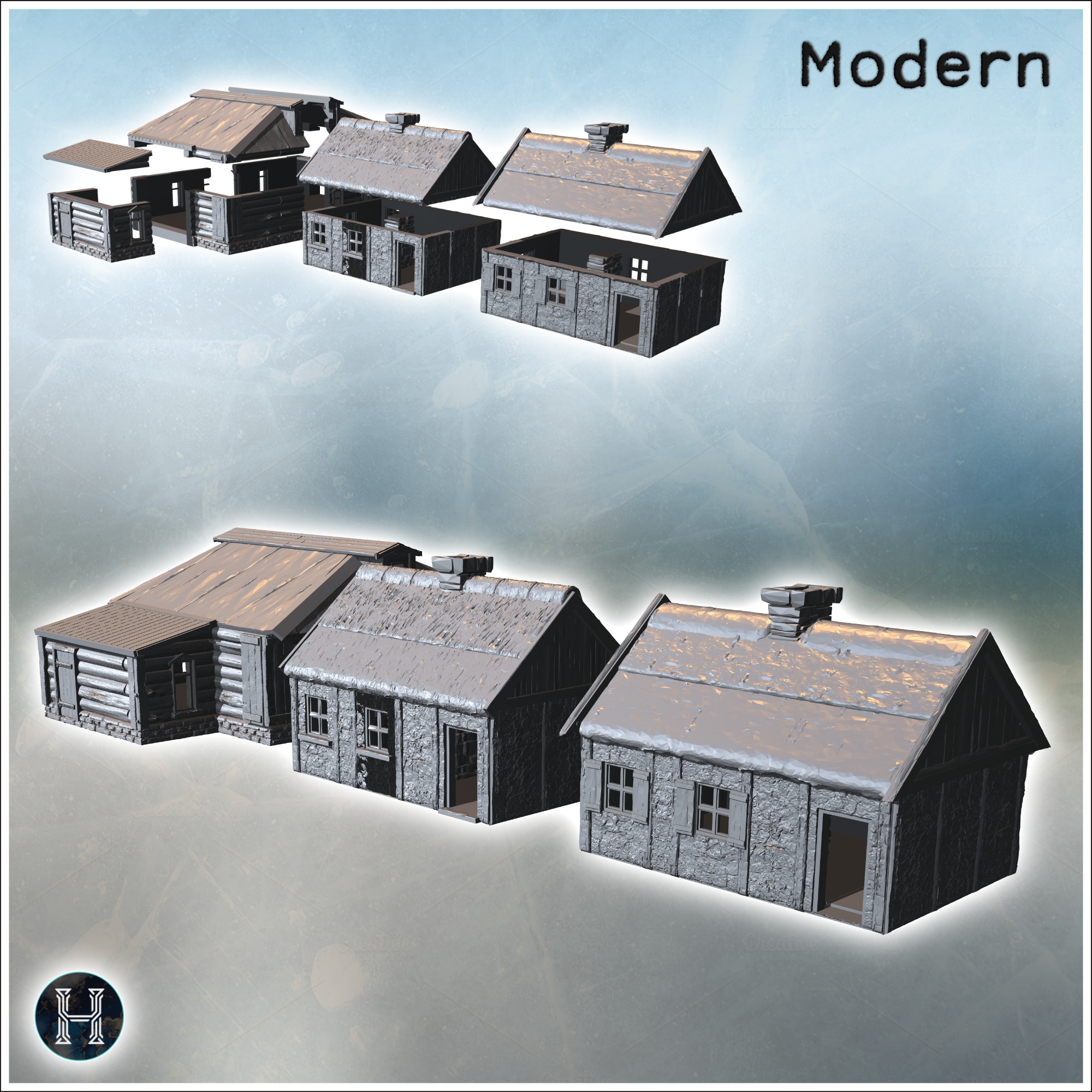 Traditional wooden houses with thatched roofs and chimneys in rural setting (12) - Modern WW2 WW1 World War Diaroma Wargaming RPG Mini Hobby